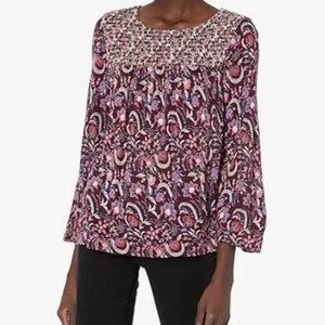 Lucky Brand M Purple Floral Smocked Long Sleeve Keyhole Back Blouse Top